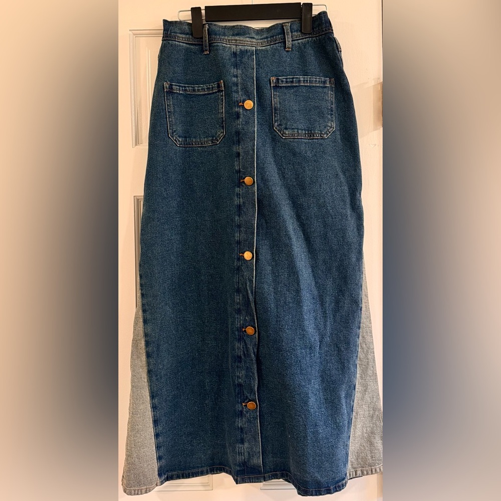 Button-Front Dark Blue Denim Midi Skirt